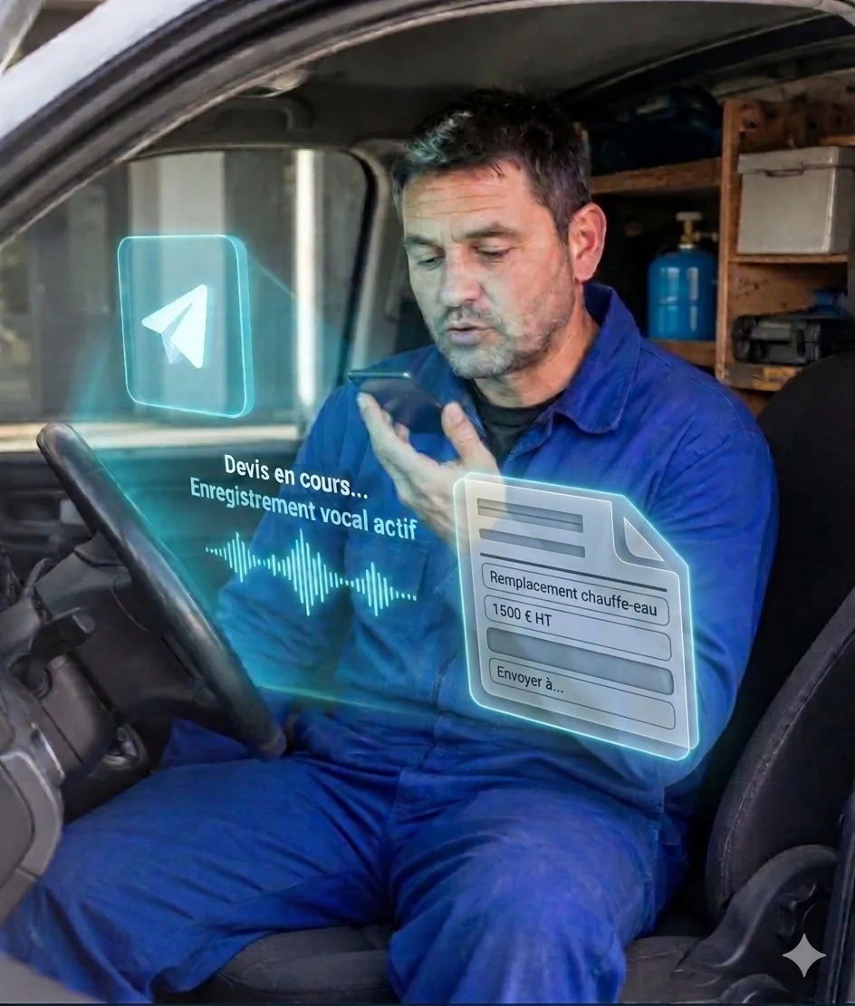 Artisan dans son camion qui dicte son devis